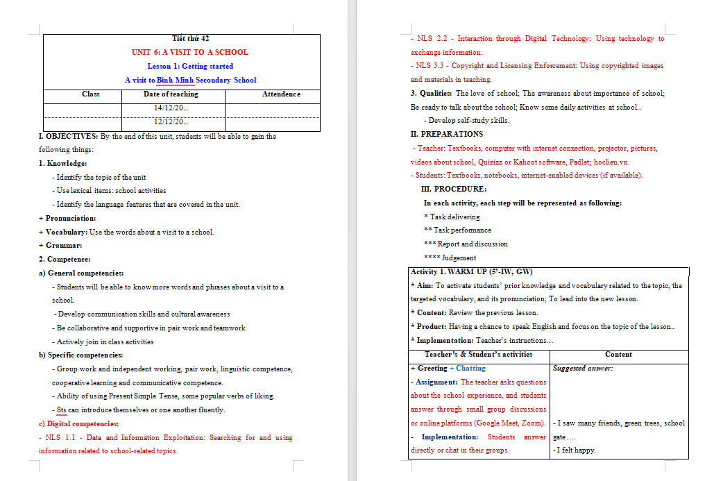 Giáo án tích hợp NLS Tiếng Anh 7 Unit 6 Getting Started