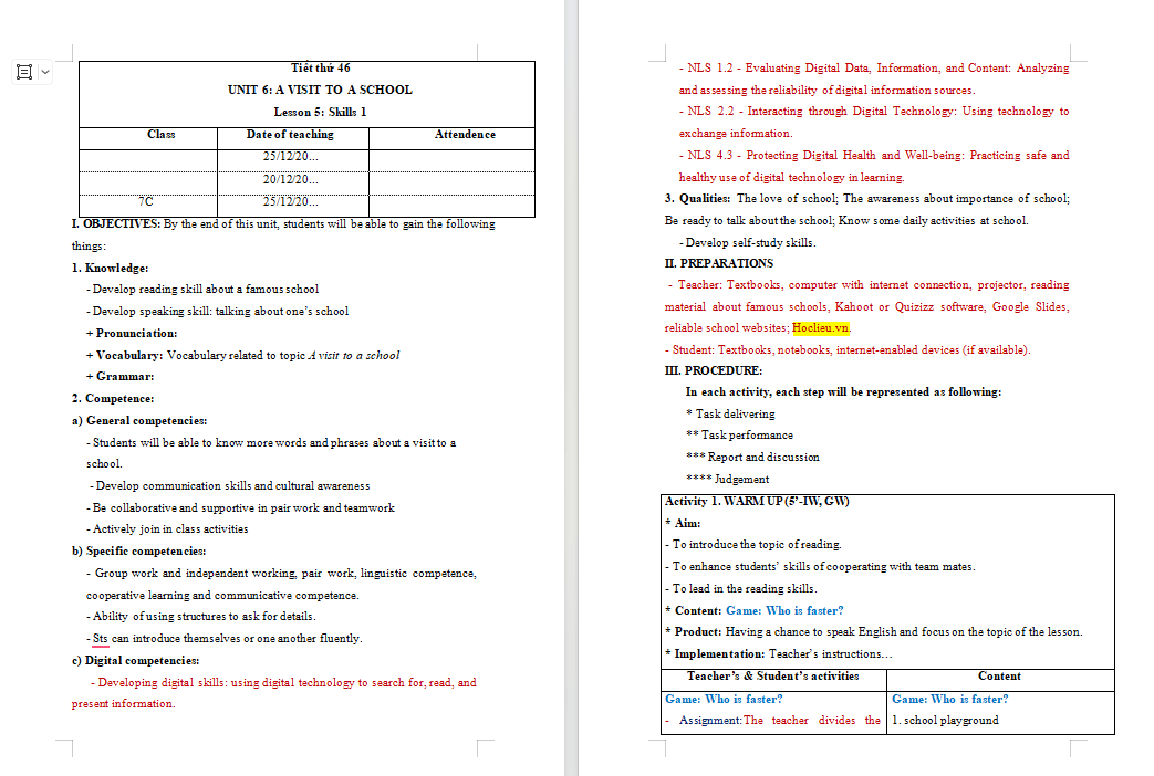 Giáo án tích hợp NLS Tiếng Anh 7 Unit 6 Skills 1