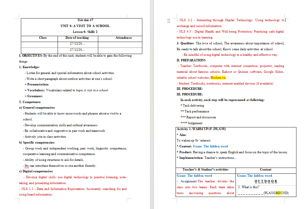 Giáo án tích hợp NLS Tiếng Anh 7 Unit 6 Skills 2