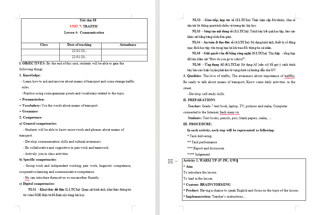 Giáo án tích hợp NLS Tiếng Anh 7 Unit 7 Communication