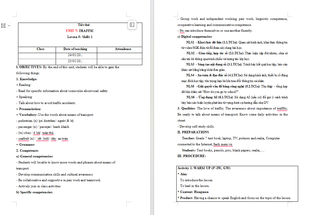 Giáo án tích hợp NLS Tiếng Anh 7 Unit 7 Skills 1