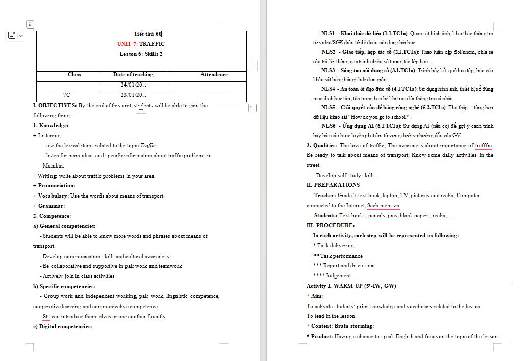 Giáo án tích hợp NLS Tiếng Anh 7 Unit 7 Skills 2