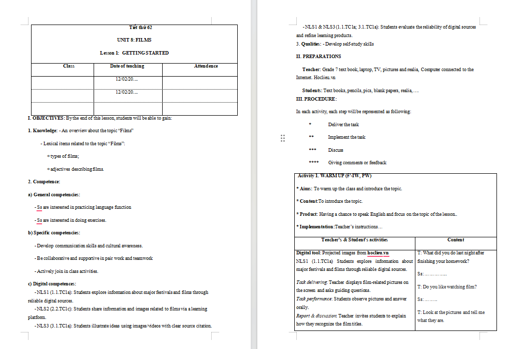 KHBD tích hợp năng lực số Tiếng Anh 7 Unit 8 Getting Started