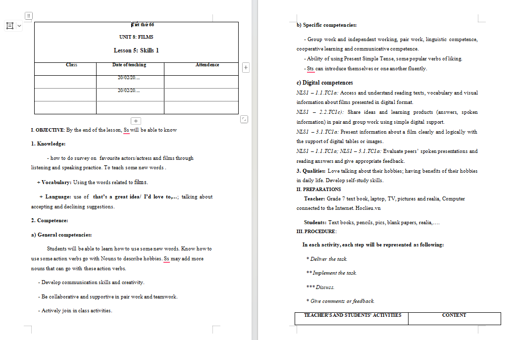 KHBD tích hợp năng lực số Tiếng Anh 7 Unit 8 Skills 1