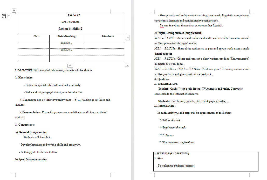 KHBD tích hợp năng lực số Tiếng Anh 7 Unit 8 Skills 2