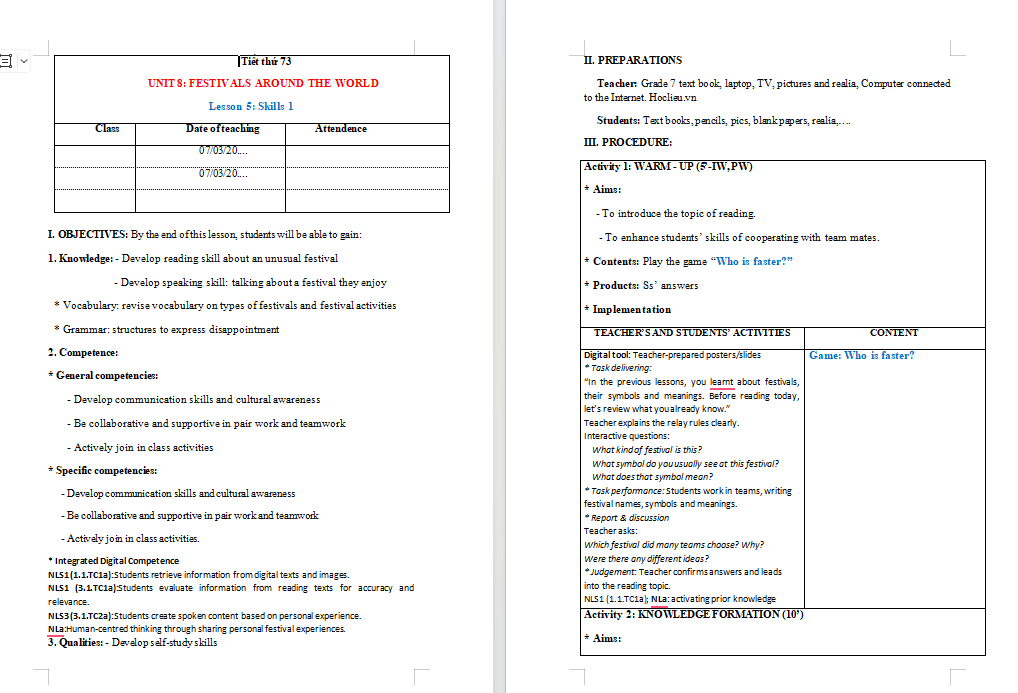 KHBD tích hợp năng lực số Tiếng Anh 7 Unit 9 Skills 1