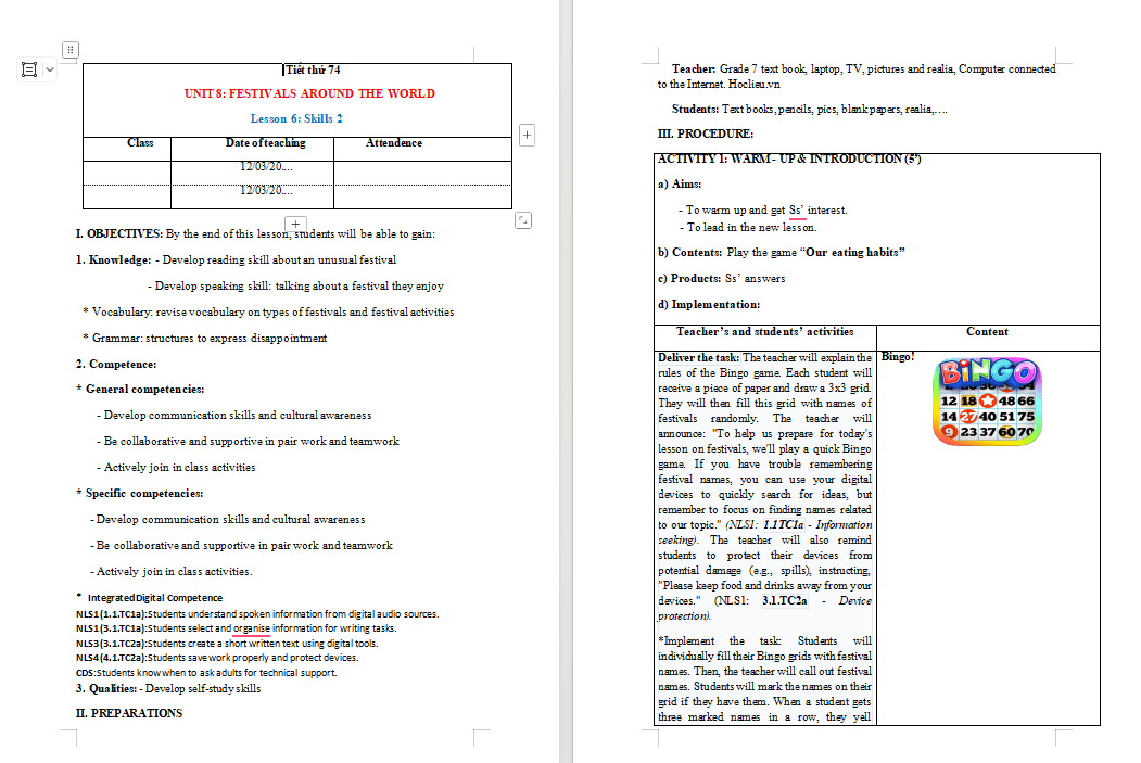 KHBD tích hợp năng lực số Tiếng Anh 7 Unit 9 Skills 2