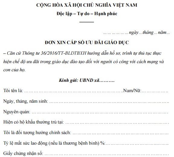 Mẫu đơn xin cấp sổ ưu đãi giáo dục