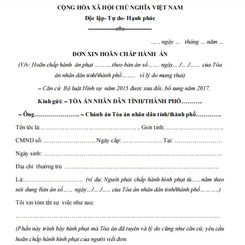 Mẫu đơn xin hoãn chấp hành án do mang thai