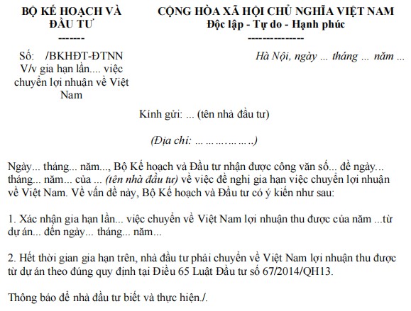Mẫu công văn đề nghị gia hạn chuyển lợi nhuận về Việt Nam
