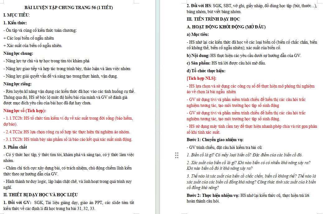 Kế hoạch bài dạy Toán 7 Bài Luyện tập chung trang 56 NLS
