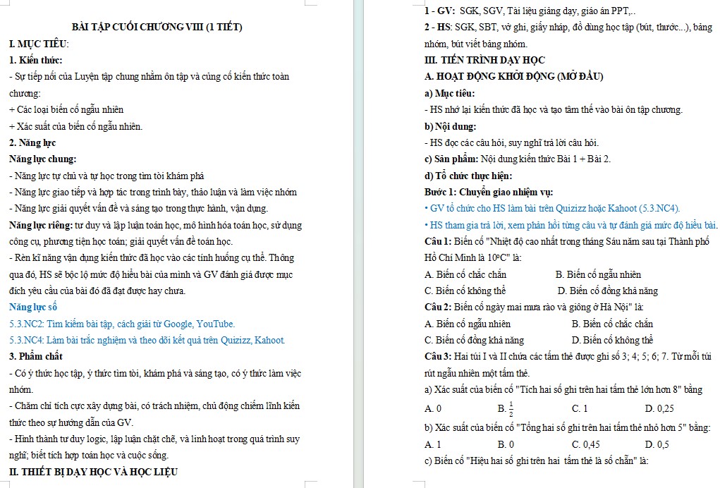 Kế hoạch bài dạy Toán 7 Bài tập cuối chương 8 NLS