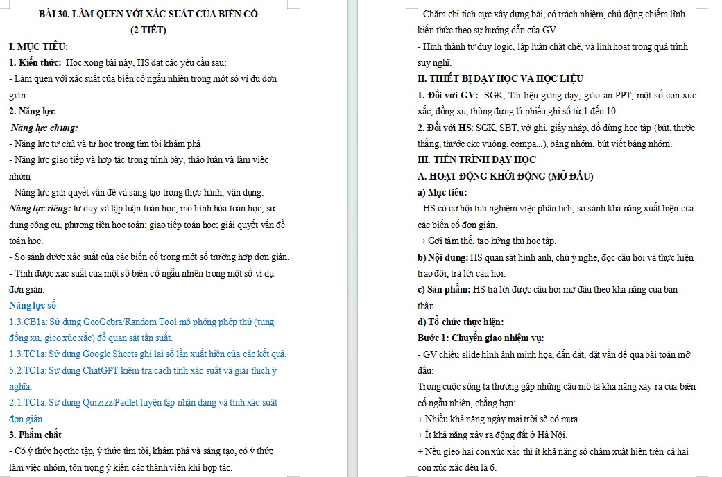 Kế hoạch bài dạy Toán 7 Bài 30 NLS