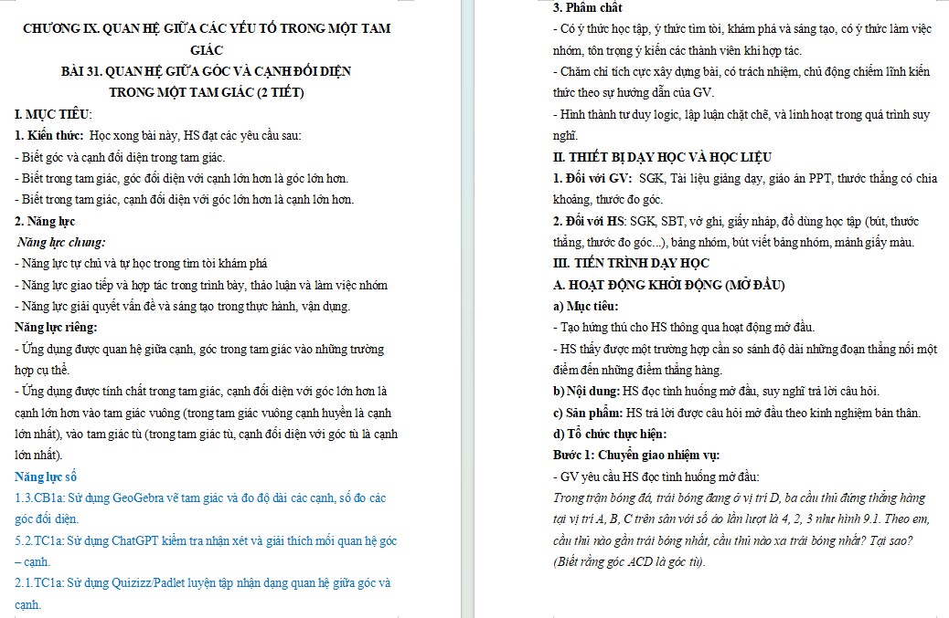 Kế hoạch bài dạy Toán 7 Bài 31 NLS