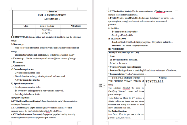 Giáo án tích hợp Năng lực số Tiếng Anh 7 Unit 10: Skills 1