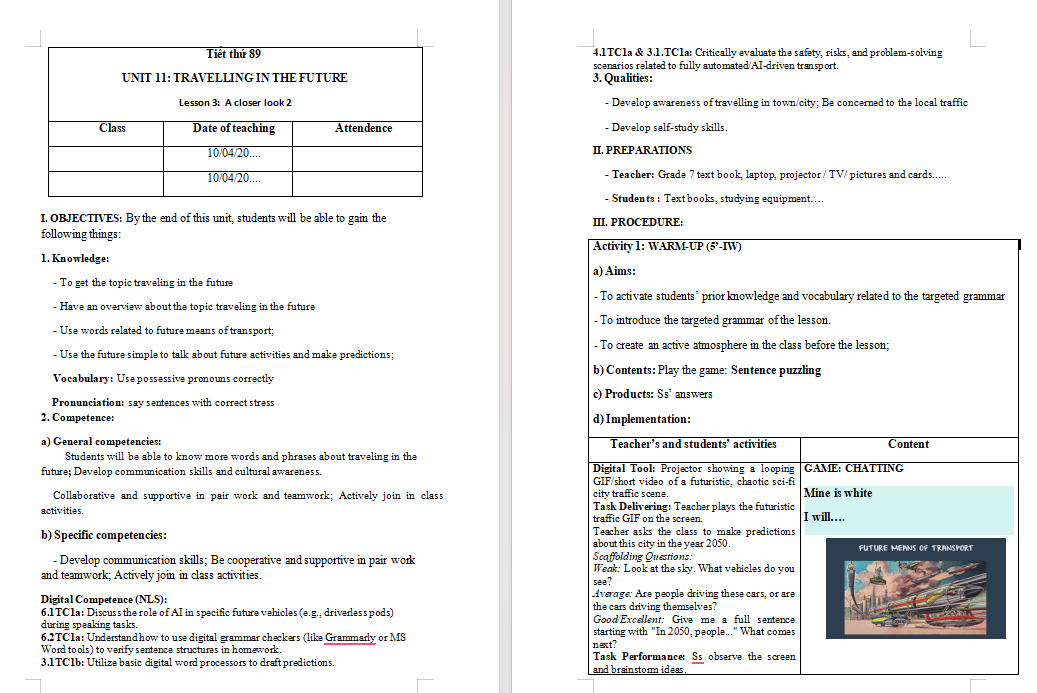 Giáo án tích hợp Năng lực số Tiếng Anh 7 Unit 11: A Closer Look 2