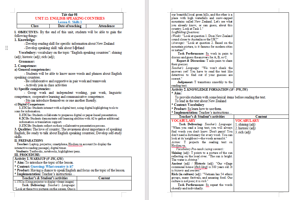 Giáo án tích hợp Năng lực số Tiếng Anh 7 Unit 12: Skills 1