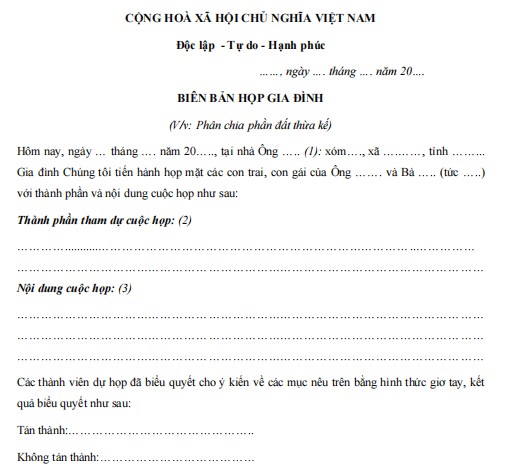 Mẫu biên bản họp gia đình về việc phân chia thừa kế