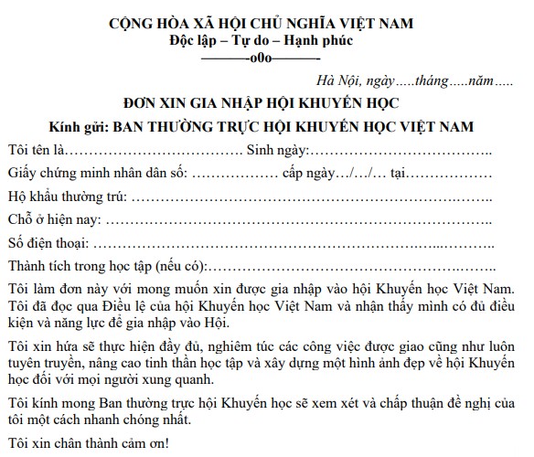 Mẫu đơn xin gia nhập hội khuyến học