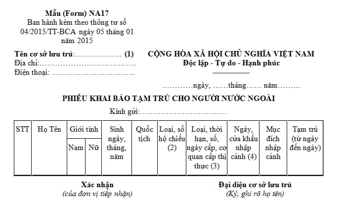 Quản lý tạm trú người nước ngoài ở Việt Nam Mẫu NA17: Phiếu khai báo tạm trú dành cho người nước ngoài - Registration card of stay