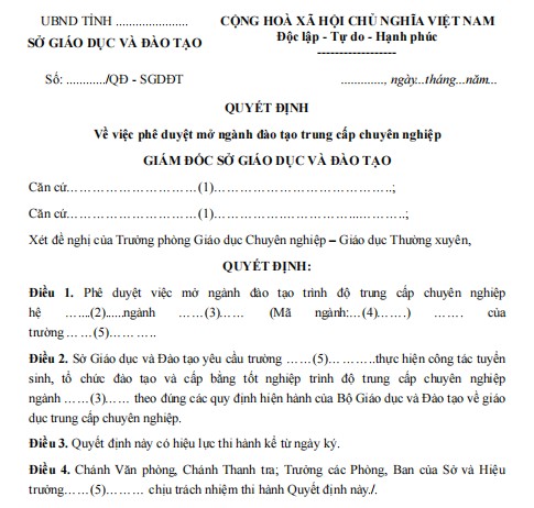Mẫu quyết định về việc phê duyệt mở ngành đào tạo trung cấp chuyên nghiệp