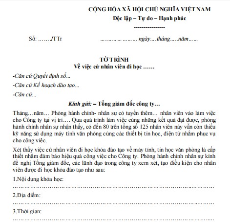 Mẫu tờ trình cử nhân viên đi học