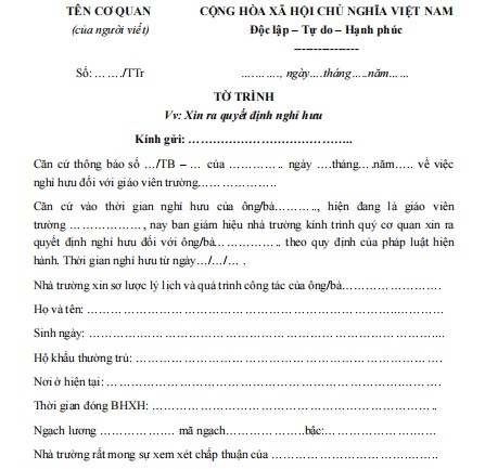 Mẫu tờ trình xin ra quyết định nghỉ hưu