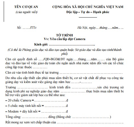 Mẫu tờ trình yêu cầu lắp đặt Camera