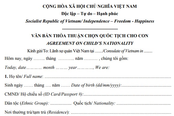Mẫu văn bản thỏa thuận chọn quốc tịch cho con mới nhất