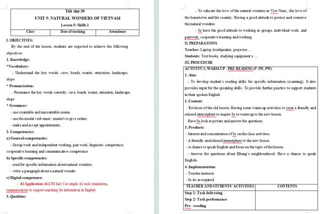 Giáo án tích hợp NLS Tiếng Anh 6 Unit 5: Skills 1
