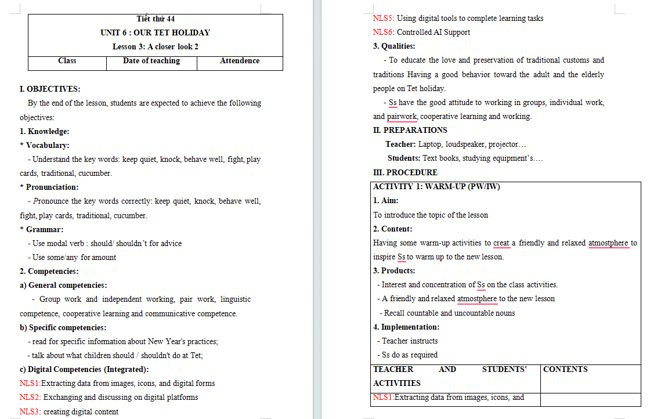 Giáo án tích hợp NLS Tiếng Anh 6 Unit 6: A Closer Look 2