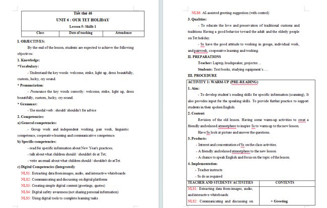 Giáo án tích hợp NLS Tiếng Anh 6 Unit 6: Skills 1