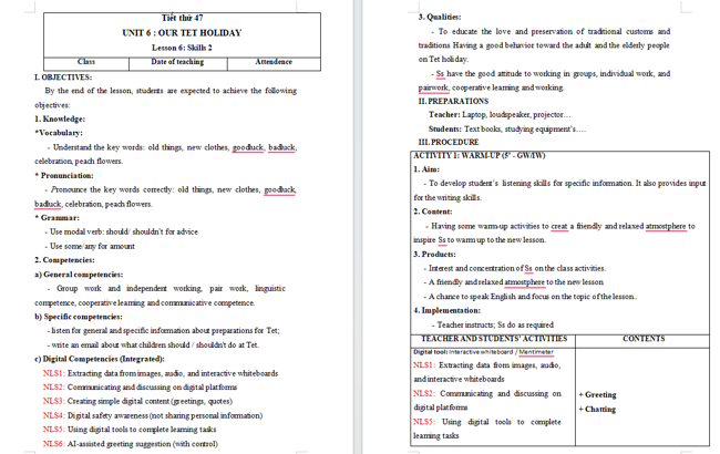 Giáo án tích hợp NLS Tiếng Anh 6 Unit 6: Skills 2