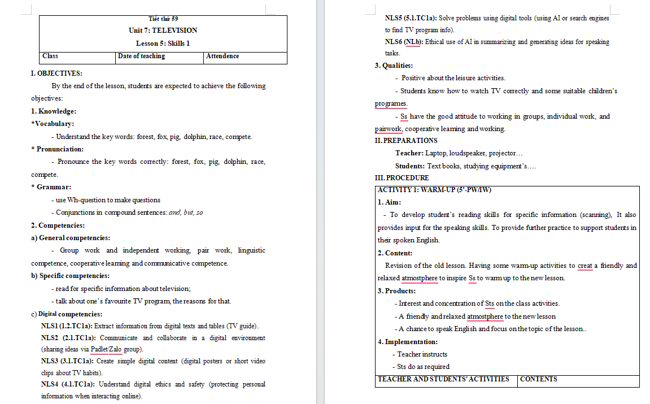 Giáo án tích hợp NLS Tiếng Anh 6 Unit 7: Skills 1