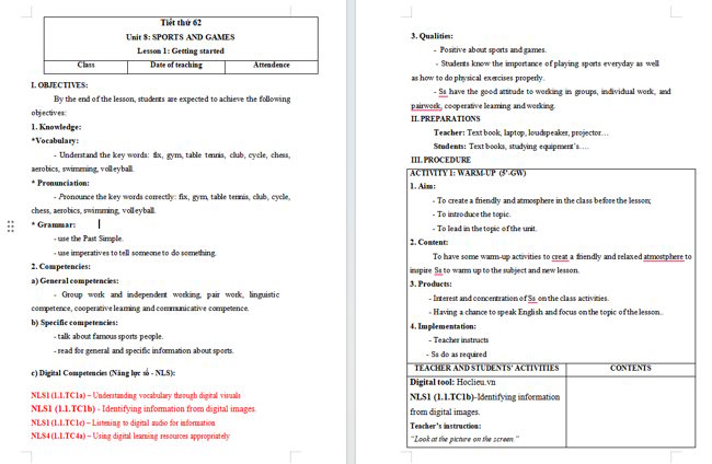 Giáo án tích hợp NLS Tiếng Anh 6 Unit 8: Getting Started