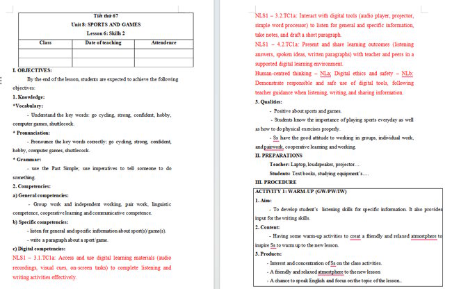 Giáo án tích hợp NLS Tiếng Anh 6 Unit 8: Skills 2