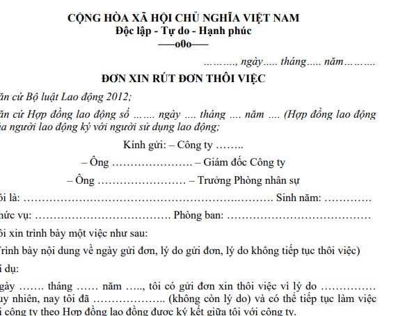 Mẫu đơn xin rút lại đơn thôi việc