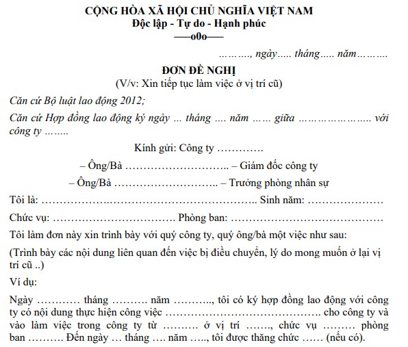 Mẫu đơn xin tiếp tục làm việc ở vị trí cũ