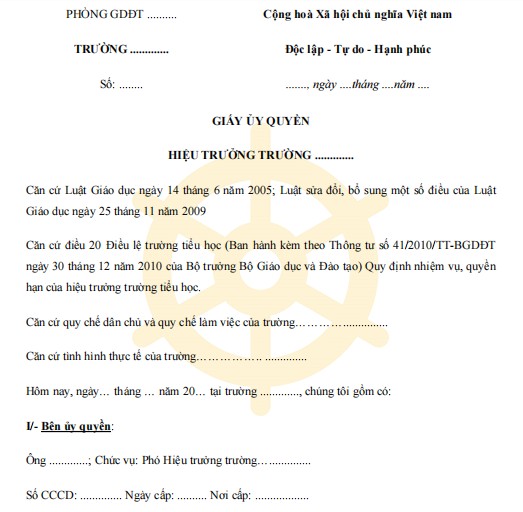 Mẫu giấy ủy quyền cho hiệu phó