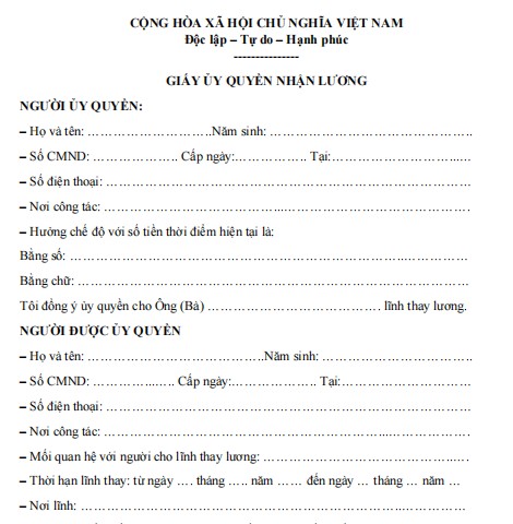 Mẫu giấy ủy quyền lĩnh thay lương