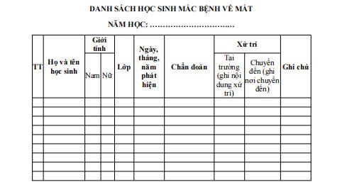Mẫu danh sách ghi chép học sinh mắc bệnh về mắt