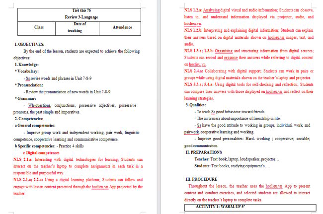 Giáo án tích hợp NLS Tiếng Anh 6  Review 3: Language