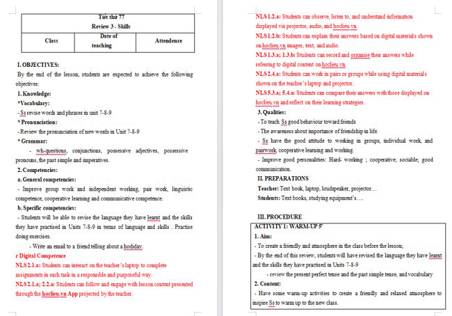 Giáo án tích hợp NLS Tiếng Anh 6  Review 3: Skills