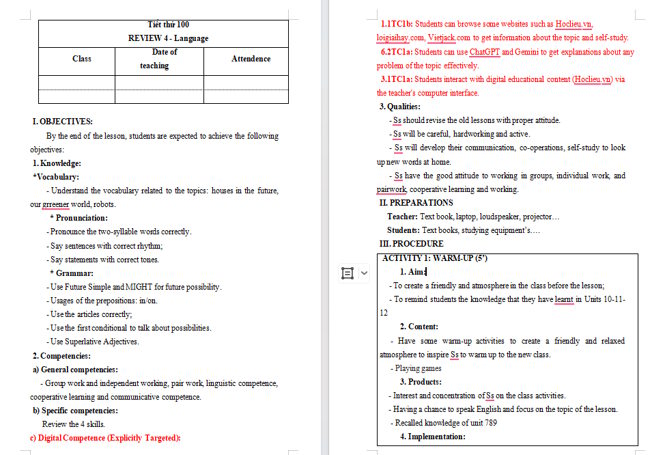 Giáo án tích hợp NLS Tiếng Anh 6 Review 4: Language