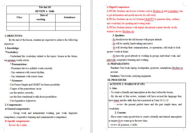 Giáo án tích hợp NLS Tiếng Anh 6 Review 4: Skills