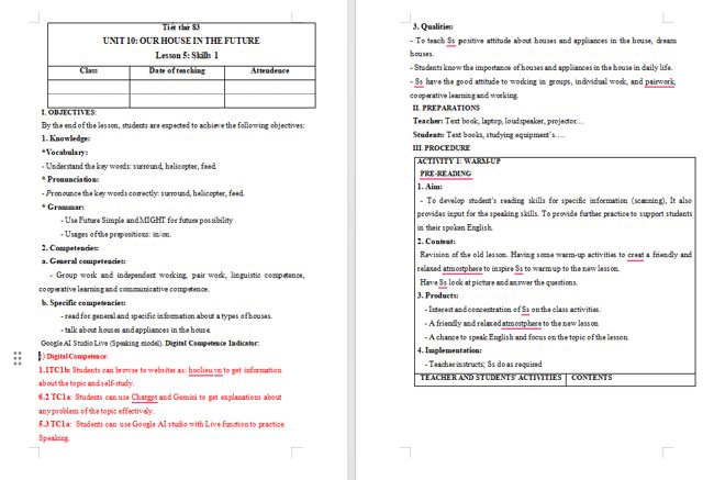 Giáo án tích hợp NLS Tiếng Anh 6 Unit 10: Skills 1