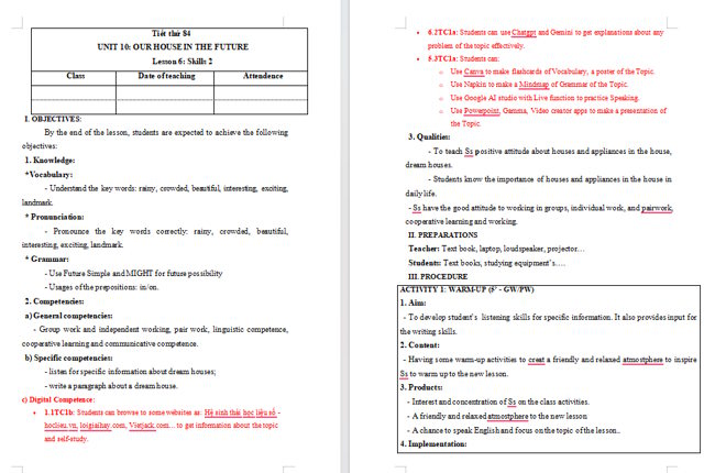 Giáo án tích hợp NLS Tiếng Anh 6 Unit 10: Skills 2