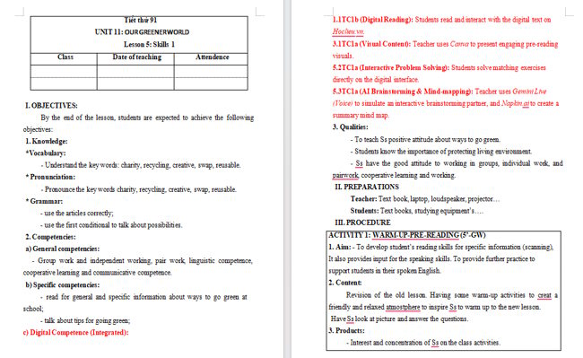 Giáo án tích hợp NLS Tiếng Anh 6 Unit 11: Skills 1