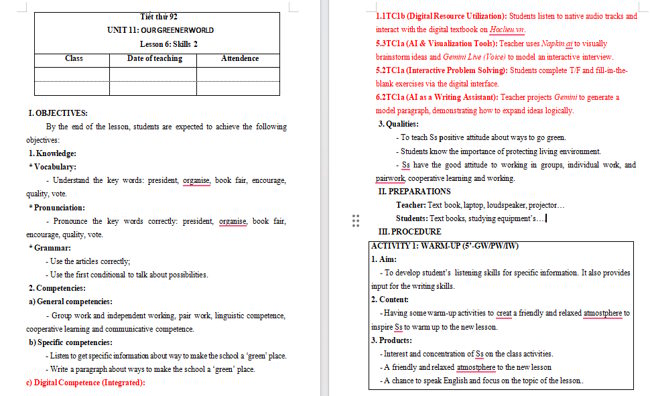 Giáo án tích hợp NLS Tiếng Anh 6 Unit 11: Skills 2