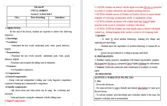 Giáo án tích hợp NLS Tiếng Anh 6 Unit 12: A Closer Look 1